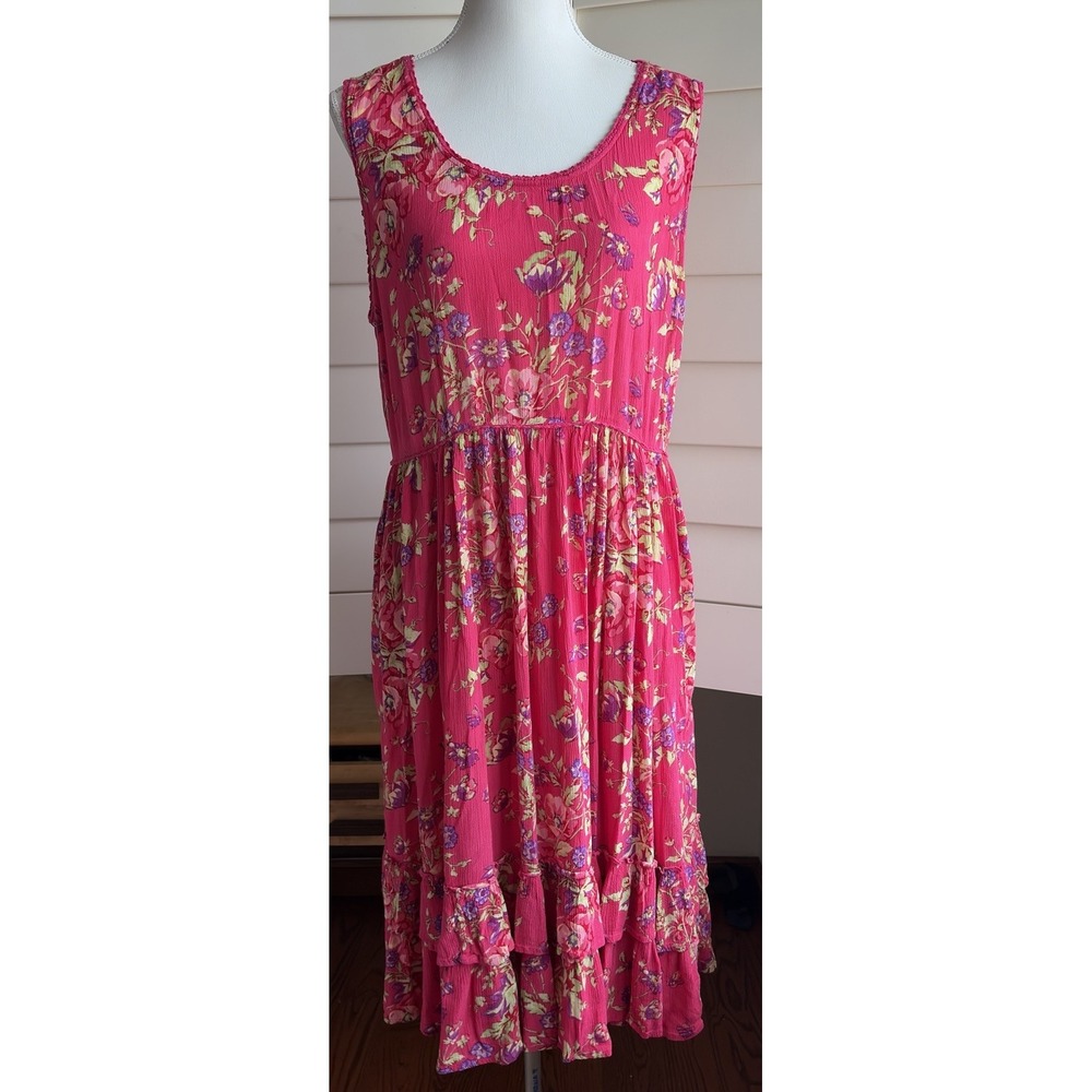 April Cornell Tropic Bouquet Midi Sundress L Pink Floral Crinkle Tiered Ruffle